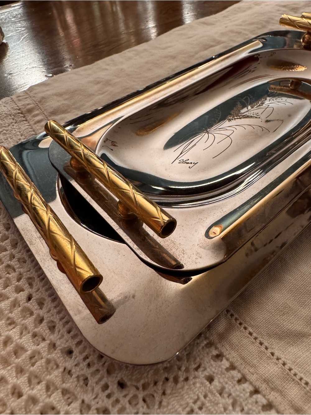 Vintage Pinter Italian Silver & Brass Vanity Serving Trays Set of 2 - Picture 5 of 12